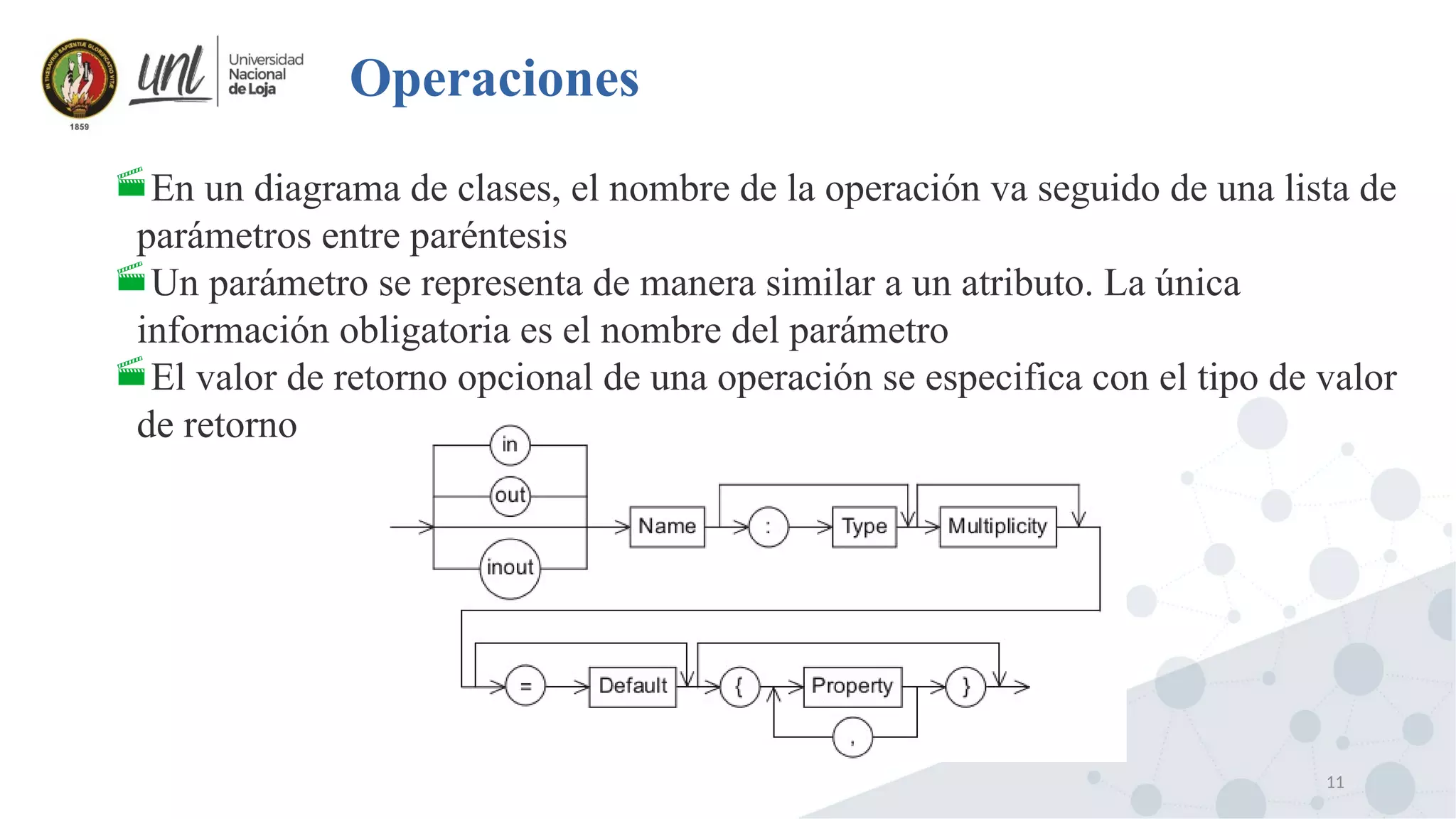 11
Operaciones
En un diagrama de clases, el nombre de la operación va seguido de una lista de
parámetros entre paréntesis
Un parámetro se representa de manera similar a un atributo. La única
información obligatoria es el nombre del parámetro
El valor de retorno opcional de una operación se especifica con el tipo de valor
de retorno
 