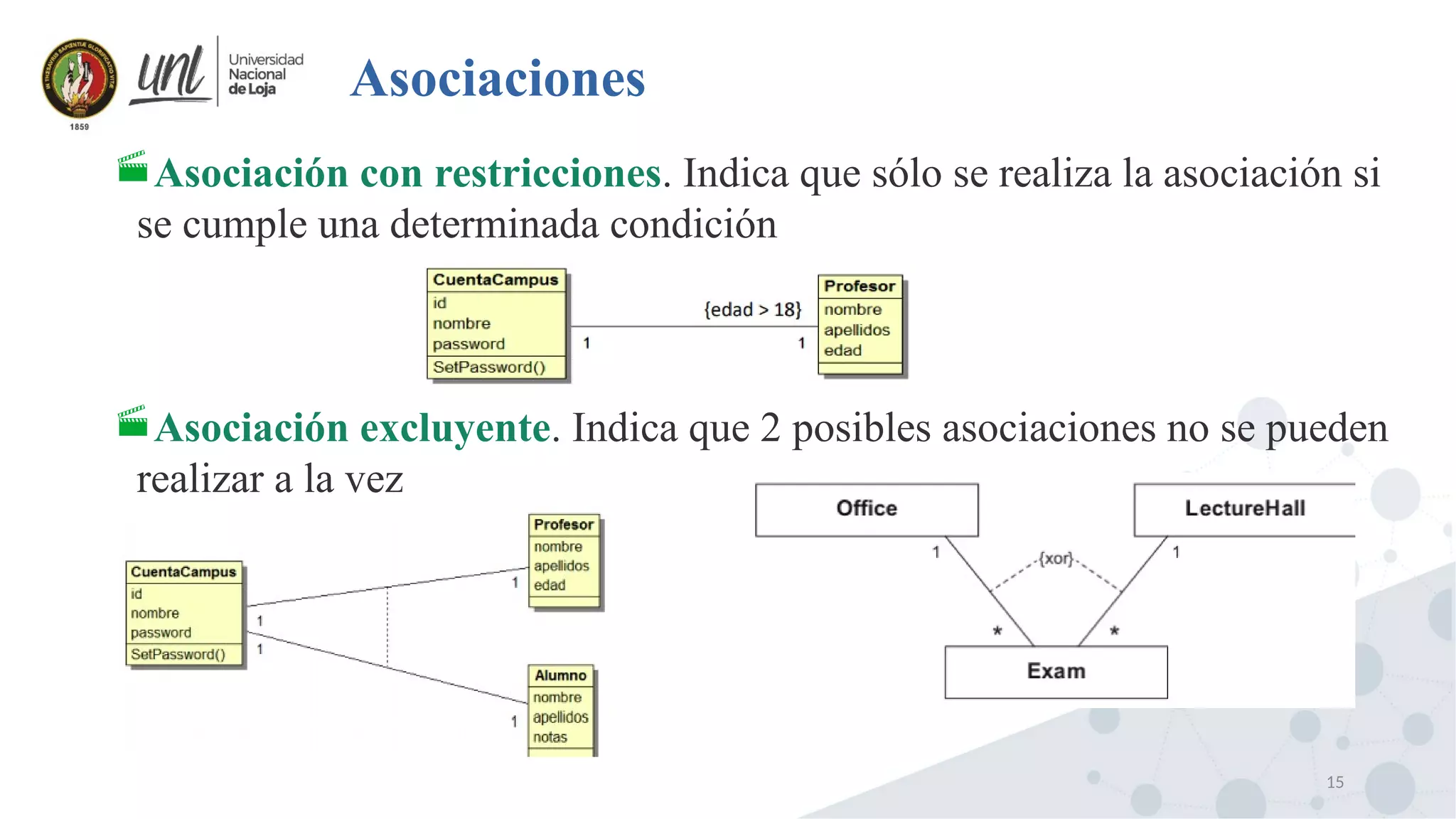 15
Asociaciones
Asociación con restricciones. Indica que sólo se realiza la asociación si
se cumple una determinada condición
Asociación excluyente. Indica que 2 posibles asociaciones no se pueden
realizar a la vez
 