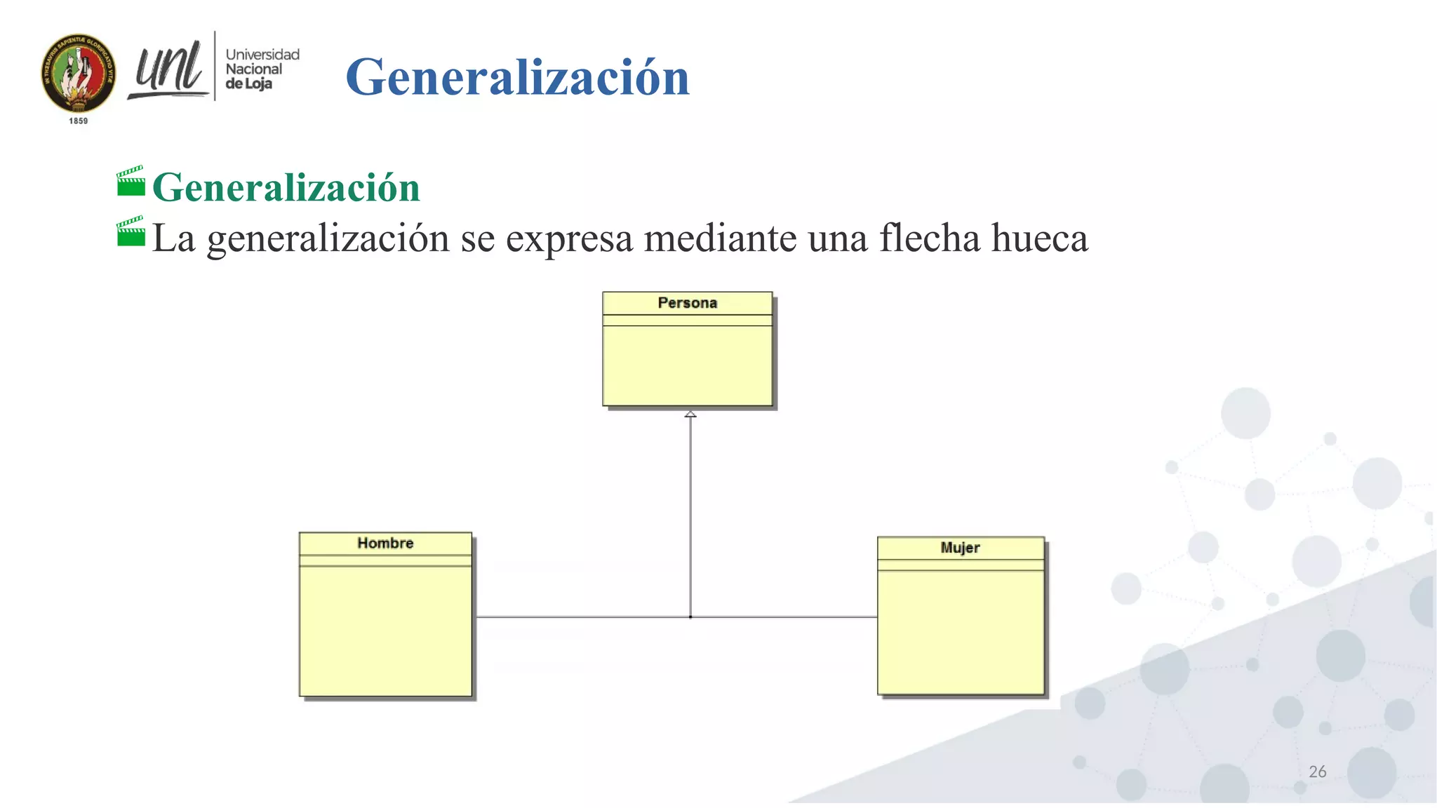 26
Generalización
Generalización
La generalización se expresa mediante una flecha hueca
 