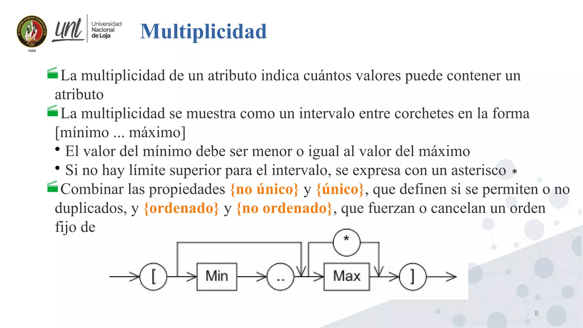 8
Multiplicidad
La multiplicidad de un atributo indica cuántos valores puede contener un
atributo
La multiplicidad se muestra como un intervalo entre corchetes en la forma
[mínimo ... máximo]

El valor del mínimo debe ser menor o igual al valor del máximo

Si no hay límite superior para el intervalo, se expresa con un asterisco∗
Combinar las propiedades {no único} y {único}, que definen si se permiten o no
duplicados, y {ordenado} y {no ordenado}, que fuerzan o cancelan un orden
fijo de los valores de atributo
 