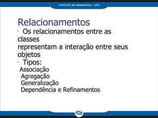 Relacionamentos Os relacionamentos entre as classes representam a interação entre seus objetos Tipos: Associação Agregação Generalização Dependência e Refinamentos 
