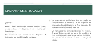 DIAGRAMA DE INTERACCIÓN
¿Qué es?
Es una cadena de mensajes enviados entre los objetos
en respuesta a un evento generado por el usuario sobre
la aplicación.
Los elementos que componen los diagramas de
interacción son los objetos y los mensajes:
 Un objeto es una entidad que tiene un estado, un
comportamiento e identidad. En un diagrama de
interacción, los objetos serán al final instancias de
una determinada clase o de un actor.
 Un mensaje es una comunicación entre dos objetos.
El envió de un mensaje por parte de un objeto a
otro, puede provocar que se ejecute una operación,
se produzca un evento o se cree o destruya un
objeto.
 