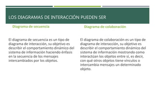 LOS DIAGRAMAS DE INTERACCIÓN PUEDEN SER
Diagrama de secuencia
El diagrama de secuencia es un tipo de
diagrama de interacción, su objetivo es
describir el comportamiento dinámico del
sistema de información haciendo énfasis
en la secuencia de los mensajes
intercambiados por los objetos.
Diagrama de colaboración
El diagrama de colaboración es un tipo de
diagrama de interacción, su objetivo es
describir el comportamiento dinámico del
sistema de información mostrando como
interactúan los objetos entre sí, es decir,
con qué otros objetos tiene vínculos o
intercambia mensajes un determinado
objeto.
 