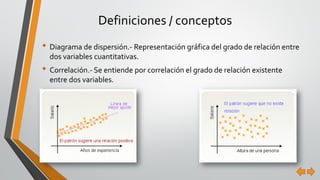 Definiciones / conceptos 
•Diagrama de dispersión.-Representación gráfica del grado de relación entre dos variables cuantitativas. 
•Correlación.-Se entiende por correlación el grado de relación existente entre dos variables.  