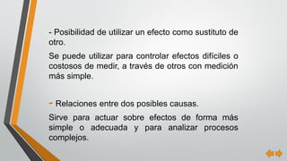 - Posibilidad de utilizar un efecto como sustituto de
otro.
Se puede utilizar para controlar efectos difíciles o
costosos de medir, a través de otros con medición
más simple.
- Relaciones entre dos posibles causas.
Sirve para actuar sobre efectos de forma más
simple o adecuada y para analizar procesos
complejos.
 