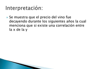    Se muestra que el precio del vino fue
    decayendo durante los siguientes años la cual
    menciona que si existe una correlación entre
    la x de la y
 