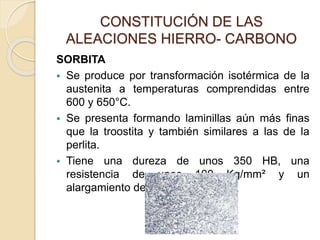 CONSTITUCIÓN DE LAS
ALEACIONES HIERRO- CARBONO
SORBITA
 Se produce por transformación isotérmica de la
austenita a temperaturas comprendidas entre
600 y 650°C.
 Se presenta formando laminillas aún más finas
que la troostita y también similares a las de la
perlita.
 Tiene una dureza de unos 350 HB, una
resistencia de unos 100 Kg/mm² y un
alargamiento del 15%.
 