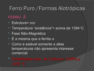 Ferro Puro /Formas Alotrópicas
FERRO δ
 Estrutura= ccc
 Temperatura “existência”= acima de 1394 °C
 Fase Não-Magnética
 É a mesma que a ferrita α
 Como é estável somente a altas
temperaturas não apresenta interesse
comercial


Solubilidade máx. do Carbono= 0,09% a
1495 °C
10

 