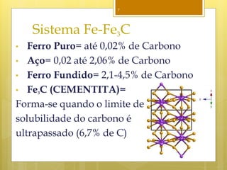 7
Sistema Fe-Fe3C
• Ferro Puro= até 0,02% de Carbono
• Aço= 0,02 até 2,06% de Carbono
• Ferro Fundido= 2,1-4,5% de Carbono
• Fe3C (CEMENTITA)=
Forma-se quando o limite de
solubilidade do carbono é
ultrapassado (6,7% de C)
 