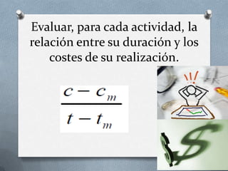 Evaluar, para cada actividad, la
relación entre su duración y los
    costes de su realización.
 