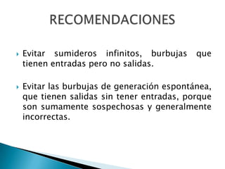 Evitar sumideros infinitos, burbujas que tienen entradas pero no salidas.Evitar las burbujas de generación espontánea, que tienen salidas sin tener entradas, porque son sumamente sospechosas y generalmente incorrectas.RECOMENDACIONES