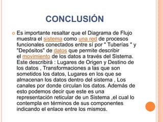 CONCLUSIÓN
   Es importante resaltar que el Diagrama de Flujo
    muestra el sistema como una red de procesos
    funcionales conectados entre sí por " Tuberías " y
    "Depósitos" de datos que permite describir
    el movimiento de los datos a través del Sistema.
    Este describirá : Lugares de Origen y Destino de
    los datos , Transformaciones a las que son
    sometidos los datos, Lugares en los que se
    almacenan los datos dentro del sistema , Los
    canales por donde circulan los datos. Además de
    esto podemos decir que este es una
    representación reticular de un Sistema ,el cual lo
    contempla en términos de sus componentes
    indicando el enlace entre los mismos.
 