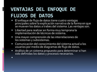VENTAJAS DEL ENFOQUE DE
FLUJOS DE DATOS
 El enfoque de flujo de datos tiene cuatro ventajas
principales sobre la explicación narrativa de la forma en que
se mueven los datos a trabes del sistema .Las ventajas son.
 Libertad para realizar en forma muy temprana la
implementación de técnicas de sistema.
 Una mayor comprensión de las interrelaciones de
los sistemas y subsistemas.
 Comunicación del conocimiento del sistema actual a los
usuarios por medio de diagramas de flujo de datos.
 Análisis de un sistema propuesto para determinar si han
sido definidas los datos y procesos necesarios.

 