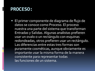 PROCESO:
 El primer componente de diagrama de flujo de
datos se conoce como Proceso. El proceso
nuestra una parte del sistema que transforman
Entradas y Salidas. Algunas analistas prefieren
usar un ovalo o un rectángulo con esquinas
redondeadas, otros prefieren usar un rectángulo.
Las diferencias entre estas tres formas son
puramente cosméticas, aunque obviamente es
importante usar la misma forma de la manera
consistente para representar todas
las funciones de un sistema.
 