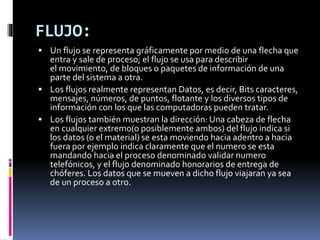 FLUJO:
 Un flujo se representa gráficamente por medio de una flecha que
entra y sale de proceso; el flujo se usa para describir
el movimiento, de bloques o paquetes de información de una
parte del sistema a otra.
 Los flujos realmente representan Datos, es decir, Bits caracteres,
mensajes, números, de puntos, flotante y los diversos tipos de
información con los que las computadoras pueden tratar.
 Los flujos también muestran la dirección: Una cabeza de flecha
en cualquier extremo(o posiblemente ambos) del flujo indica si
los datos (o el material) se esta moviendo hacia adentro a hacia
fuera por ejemplo indica claramente que el numero se esta
mandando hacia el proceso denominado validar numero
telefónicos, y el flujo denominado honorarios de entrega de
chóferes. Los datos que se mueven a dicho flujo viajaran ya sea
de un proceso a otro.
 