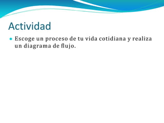 Actividad
● Escoge un proceso de tu vida cotidiana y realiza
un diagrama de ﬂujo.
 