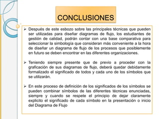 CONCLUSIONES
 Después de este esbozo sobre las principales técnicas que pueden
ser utilizadas para diseñar diagramas de flujo, los estudiantes de
gestión de calidad, podrán contar con una base comparativa para
seleccionar la simbología que consideran más conveniente a la hora
de diseñar un diagrama de flujo de los procesos que posiblemente
en futuro se deben encontrar en las diferentes organizaciones.
 Teniendo siempre presente que de previo a proceder con la
graficación de sus diagramas de flujo, deberá quedar debidamente
formalizado el significado de todos y cada uno de los símbolos que
se utilizarán.
 En este proceso de definición de los significados de los símbolos se
pueden combinar símbolos de las diferentes técnicas enunciadas,
siempre y cuando se respete el principio de dejar claramente
explicito el significado de cada símbolo en la presentación o inicio
del Diagrama de Flujo
 