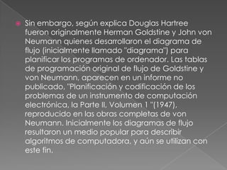    Sin embargo, según explica Douglas Hartree
    fueron originalmente Herman Goldstine y John von
    Neumann quienes desarrollaron el diagrama de
    flujo (inicialmente llamado "diagrama") para
    planificar los programas de ordenador. Las tablas
    de programación original de flujo de Goldstine y
    von Neumann, aparecen en un informe no
    publicado, "Planificación y codificación de los
    problemas de un instrumento de computación
    electrónica, la Parte II, Volumen 1 "(1947),
    reproducido en las obras completas de von
    Neumann. Inicialmente los diagramas de flujo
    resultaron un medio popular para describir
    algoritmos de computadora, y aún se utilizan con
    este fin.
 