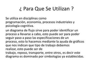 ¿ Para Que Se Utilizan ?
Se utiliza en disciplinas como
programación, economía, procesos industriales y
psicología cognitiva.
un diagrama de flujo sirve para poder identificar un
proceso a llevarse a cabo, esto puede ser para poder
seguir paso a paso las especificaciones de un
proceso, esto lo hacemos mediante la ayuda de gráficos
que nos indican que tipo de trabajo debemos
realizar, esto puede ser de
trabajo, reposo, transporte, entre otros, es decir este
diagrama es dominado por simbologías ya establecidas.
 