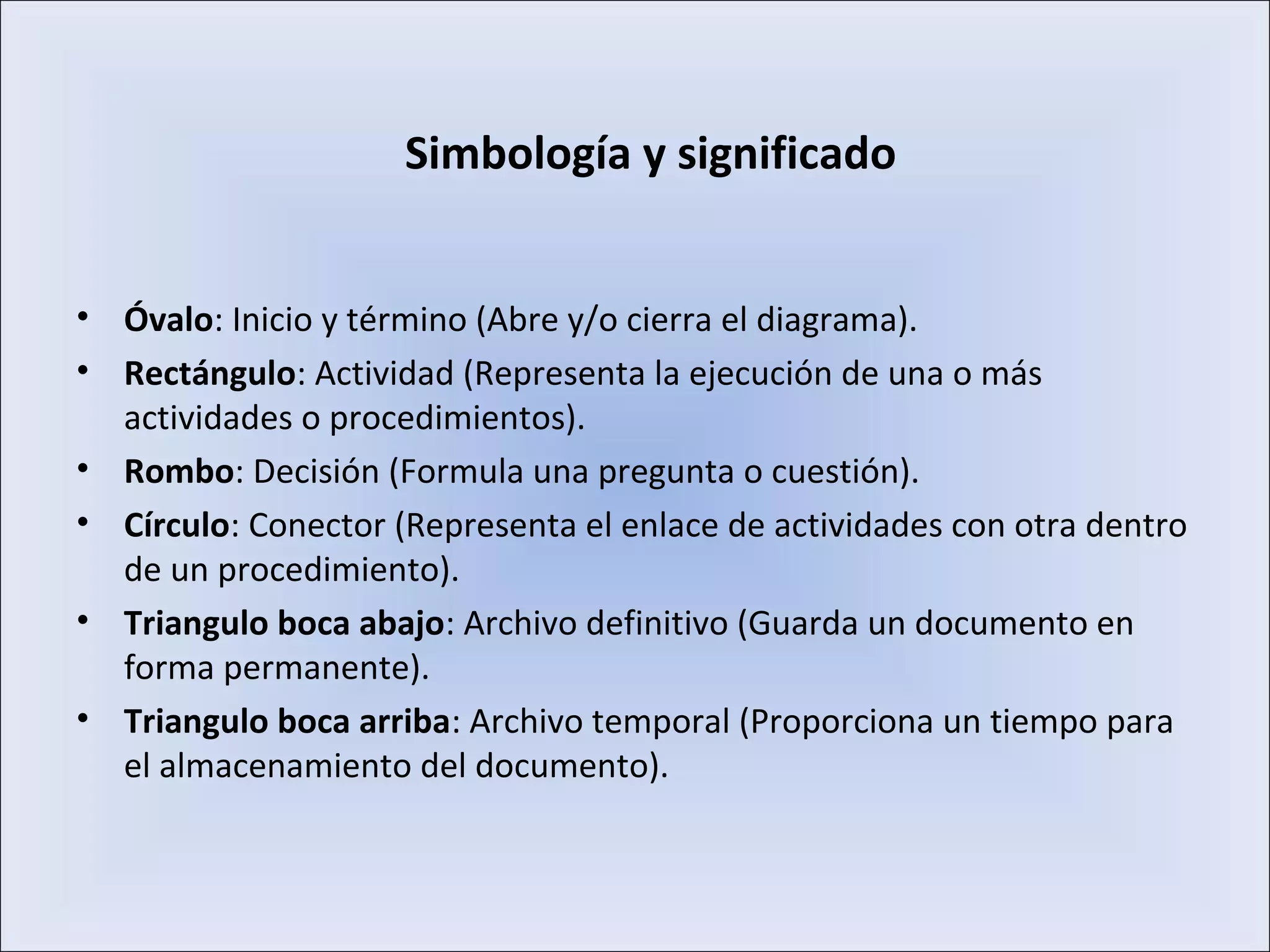 Simbología y significado
• Óvalo: Inicio y término (Abre y/o cierra el diagrama).
• Rectángulo: Actividad (Representa la ejecución de una o más
actividades o procedimientos).
• Rombo: Decisión (Formula una pregunta o cuestión).
• Círculo: Conector (Representa el enlace de actividades con otra dentro
de un procedimiento).
• Triangulo boca abajo: Archivo definitivo (Guarda un documento en
forma permanente).
• Triangulo boca arriba: Archivo temporal (Proporciona un tiempo para
el almacenamiento del documento).
 