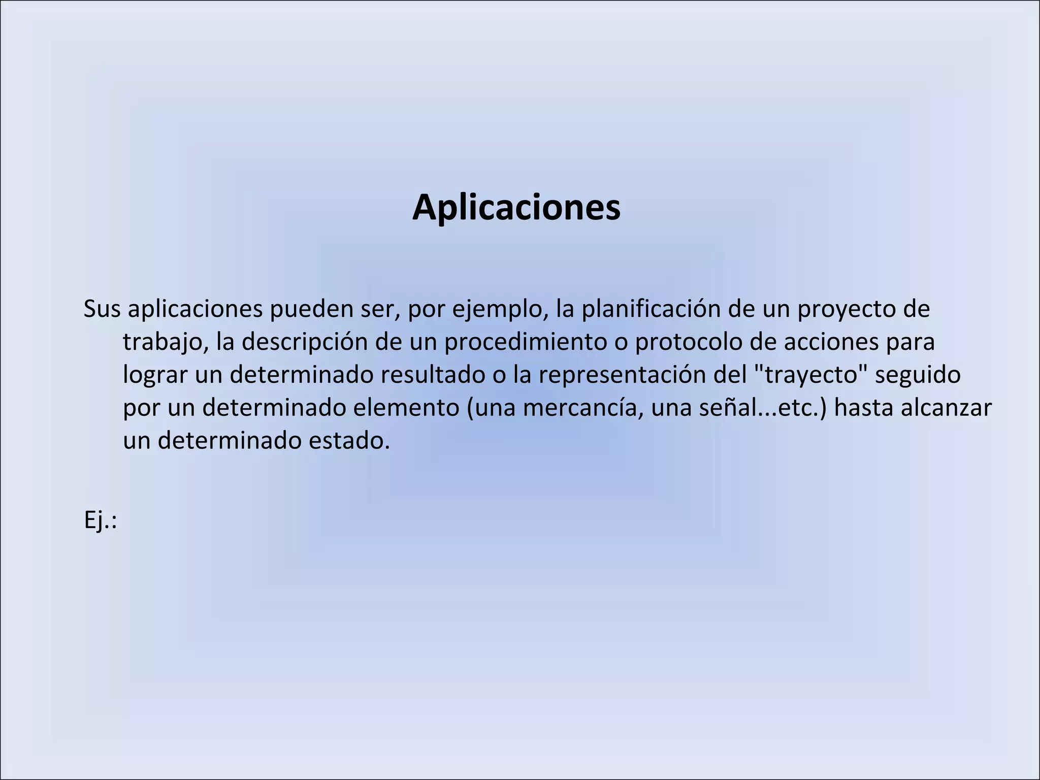 Aplicaciones
Sus aplicaciones pueden ser, por ejemplo, la planificación de un proyecto de
trabajo, la descripción de un procedimiento o protocolo de acciones para
lograr un determinado resultado o la representación del "trayecto" seguido
por un determinado elemento (una mercancía, una señal...etc.) hasta alcanzar
un determinado estado.
Ej.:
 
