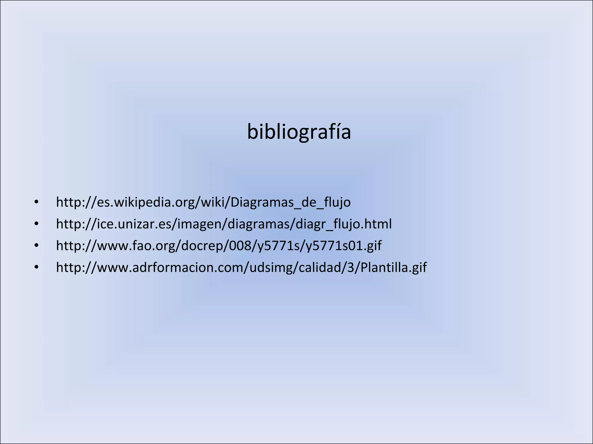 • http://es.wikipedia.org/wiki/Diagramas_de_flujo
• http://ice.unizar.es/imagen/diagramas/diagr_flujo.html
• http://www.fao.org/docrep/008/y5771s/y5771s01.gif
• http://www.adrformacion.com/udsimg/calidad/3/Plantilla.gif
bibliografía
 