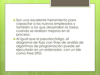  Son  una excelente herramienta para
  capacitar a los nuevos empleados y
  también a los que desarrollan la tarea,
  cuando se realizan mejoras en el
  proceso.
 Al igual que el pseudocódigo, el
  diagrama de flujo con fines de análisis de
  algoritmos de programación puede ser
  ejecutado en un ordenador, con un Ide
  como Free DFD.
 
