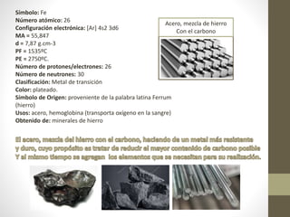 Símbolo: Fe
Número atómico: 26
Configuración electrónica: [Ar] 4s2 3d6
MA = 55,847
d = 7,87 g.cm-3
PF = 1535ºC
PE = 2750ºC.
Número de protones/electrones: 26
Número de neutrones: 30
Clasificación: Metal de transición
Color: plateado.
Símbolo de Origen: proveniente de la palabra latina Ferrum
(hierro)
Usos: acero, hemoglobina (transporta oxígeno en la sangre)
Obtenido de: minerales de hierro
Acero, mezcla de hierro
Con el carbono
 