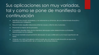 Sus aplicaciones son muy variadas,
tal y como se pone de manifiesto a
continuación
 Identificar las causas verdaderas, y no solamente sus síntomas, de una determinada situación y
agruparlas por categorías.
 Resumir todas aquellas relaciones entre las causas y efectos de un proceso.
 Promover la mejora de los procesos.
 Consolidar aquellas ideas de los miembros del equipo sobre determinadas actividades
relacionadas con la calidad.
 Favorecer también el pensamiento del equipo, lo que conllevará a una mayor aportación de
ideas.
 Obtener una visión más global y estructurada de una determinada situación ya que se ha
realizado una identificación de un conjunto de factores básicos.
 