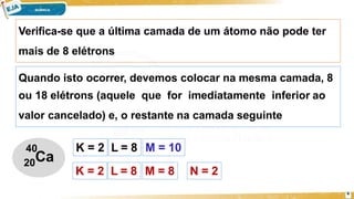 Verifica-se que a última camada de um átomo não pode ter
mais de 8 elétrons
Quando isto ocorrer, devemos colocar na mesma camada, 8
ou 18 elétrons (aquele que for imediatamente inferior ao
valor cancelado) e, o restante na camada seguinte
40
20Ca
M = 10
K = 2 L = 8
K = 2 L = 8
6
M = 8 N = 2
 