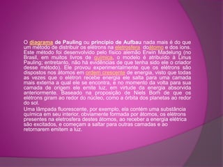 O diagrama de Pauling ou princípio de Aufbau nada mais é do que 
um método de distribuir os elétrons na eletrosfera doátomo e dos íons. 
Este método foi desenvolvido pelo físico alemão Erwin Madelung (no 
Brasil, em muitos livros de química, o modelo é atribuído à Linus 
Pauling; entretanto, não há evidências de que tenha sido ele o criador 
desse método). Ele provou experimentalmente que os elétrons são 
dispostos nos átomos em ordem crescente de energia, visto que todas 
as vezes que o elétron recebe energia ele salta para uma camada 
mais externa a qual ele se encontra, e no momento da volta para sua 
camada de origem ele emite luz, em virtude da energia absorvida 
anteriormente. Baseado na proposição de Niels Borh de que os 
elétrons giram ao redor do núcleo, como a órbita dos planetas ao redor 
do sol. 
Uma lâmpada fluorescente, por exemplo, ela contém uma substância 
química em seu interior, obviamente formada por átomos, os elétrons 
presentes na eletrosfera destes átomos, ao receber a energia elétrica 
são excitados, e começam a saltar para outras camadas e ao 
retornarem emitem a luz. 
 