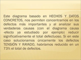 Este diagrama basado en HECHOS Y DATOS CONCRETOS, nos permiten concentrarnos en los defectos más importantes y al analizar sus verdaderas causas (con el diagrama causa -efecto ya estudiado por ejemplo) reducir significativamente el total defectuoso. Si en este caso solucionamos únicamente los defectos TENSIÓN Y RAYADO, habríamos reducido en un 73% el total de defectos. 