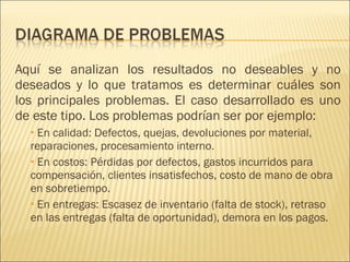 Aquí se analizan los resultados no deseables y no deseados y lo que tratamos es determinar cuáles son los principales problemas. El caso desarrollado es uno de este tipo. Los problemas podrían ser por ejemplo:  En calidad: Defectos, quejas, devoluciones por material, reparaciones, procesamiento interno. En costos: Pérdidas por defectos, gastos incurridos para compensación, clientes insatisfechos, costo de mano de obra en sobretiempo. En entregas: Escasez de inventario (falta de stock), retraso en las entregas (falta de oportunidad), demora en los pagos. 