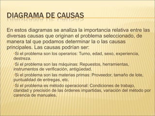 En estos diagramas se analiza la importancia relativa entre las diversas causas que originan el problema seleccionado, de manera tal que podamos determinar la o las causas principales. Las causas podrían ser:  Si el problema son los operarios: Turno, edad, sexo, experiencia, destreza.  Si el problema son las máquinas: Repuestos, herramientas, instrumentos de verificación, antigüedad.  Si el problema son las materias primas: Proveedor, tamaño de lote, puntualidad de entregas, etc.  Si el problema es método operacional: Condiciones de trabajo, claridad y precisión de las órdenes impartidas, variación del método por carencia de manuales. 