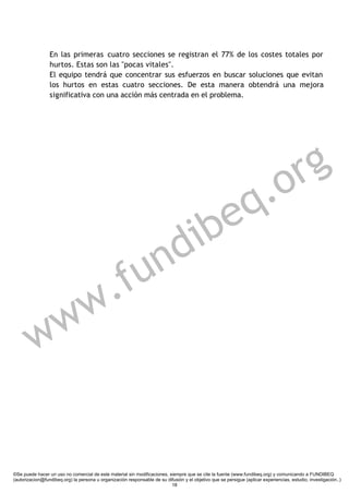 En las primeras cuatro secciones se registran el 77% de los costes totales por
                 hurtos. Estas son las "pocas vitales".
                 El equipo tendrá que concentrar sus esfuerzos en buscar soluciones que evitan
                 los hurtos en estas cuatro secciones. De esta manera obtendrá una mejora
                 significativa con una acción más centrada en el problema.




                                                                                                                      r g
                                                                                                                 q .o
                                                             ibe
                                                          nd
              .                                       f u
           ww
         w

©Se puede hacer un uso no comercial de este material sin modificaciones, siempre que se cite la fuente (www.fundibeq.org) y comunicando a FUNDIBEQ
(autorizacion@fundibeq.org) la persona u organización responsable de su difusión y el objetivo que se persigue (aplicar experiencias, estudio, investigación..)
                                                                          18
 
