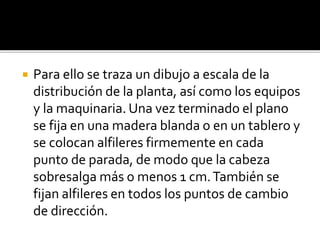  Para ello se traza un dibujo a escala de la
distribución de la planta, así como los equipos
y la maquinaria. Una vez terminado el plano
se fija en una madera blanda o en un tablero y
se colocan alfileres firmemente en cada
punto de parada, de modo que la cabeza
sobresalga más o menos 1 cm.También se
fijan alfileres en todos los puntos de cambio
de dirección.
 