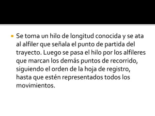  Se toma un hilo de longitud conocida y se ata
al alfiler que señala el punto de partida del
trayecto. Luego se pasa el hilo por los alfileres
que marcan los demás puntos de recorrido,
siguiendo el orden de la hoja de registro,
hasta que estén representados todos los
movimientos.
 