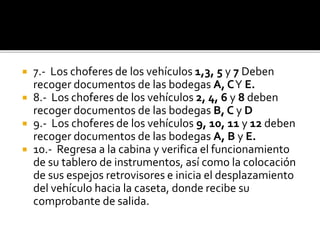  7.- Los choferes de los vehículos 1,3, 5 y 7 Deben
recoger documentos de las bodegas A, CY E.
 8.- Los choferes de los vehículos 2, 4, 6 y 8 deben
recoger documentos de las bodegas B, C y D
 9.- Los choferes de los vehículos 9, 10, 11 y 12 deben
recoger documentos de las bodegas A, B y E.
 10.- Regresa a la cabina y verifica el funcionamiento
de su tablero de instrumentos, así como la colocación
de sus espejos retrovisores e inicia el desplazamiento
del vehículo hacia la caseta, donde recibe su
comprobante de salida.
 