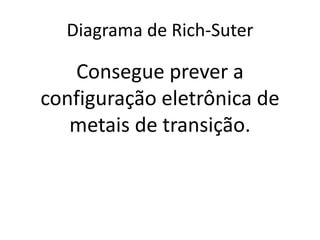Diagrama de Rich-Suter
Consegue prever a
configuração eletrônica de
metais de transição.
 