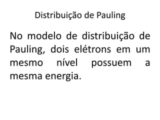 Distribuição de Pauling
No modelo de distribuição de
Pauling, dois elétrons em um
mesmo nível possuem a
mesma energia.
 