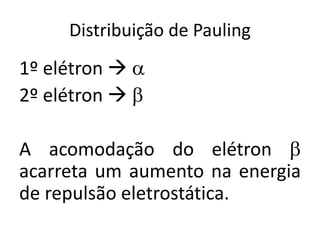 Distribuição de Pauling
1º elétron  a
2º elétron  b
A acomodação do elétron b
acarreta um aumento na energia
de repulsão eletrostática.
 