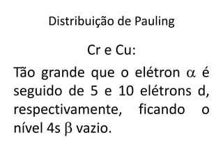Distribuição de Pauling
Cr e Cu:
Tão grande que o elétron a é
seguido de 5 e 10 elétrons d,
respectivamente, ficando o
nível 4s b vazio.
 