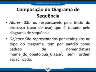 Composição do Diagrama de SequênciaAtores: São os responsáveis pelo início do processo (caso de uso) que é tratado pelo diagrama de sequência.Objetos: São representados por retângulos no topo do diagrama, tem por padrão como padrão de nomenclatura ‘nome_do_objeto:Sua_Classe’; sem ordem especificada.