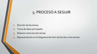 5. PROCESOA SEGUIR
1. Elección de los temas
2. Toma de ideas principales
3. Relación entre los dos temas
4. Representación en el diagrama deVenn de los dos o tres temas.
 