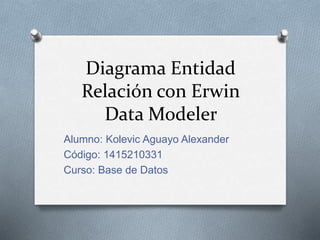 Diagrama Entidad
Relación con Erwin
Data Modeler
Alumno: Kolevic Aguayo Alexander
Código: 1415210331
Curso: Base de Datos
 
