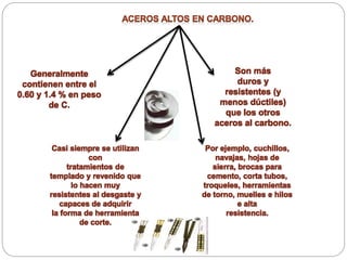 Generalmente
contienen entre el
0.60 y 1.4 % en peso
de C.
Son más
duros y
resistentes (y
menos dúctiles)
que los otros
aceros al carbono.
Casi siempre se utilizan
con
tratamientos de
templado y revenido que
lo hacen muy
resistentes al desgaste y
capaces de adquirir
la forma de herramienta
de corte.
Por ejemplo, cuchillos,
navajas, hojas de
sierra, brocas para
cemento, corta tubos,
troqueles, herramientas
de torno, muelles e hilos
e alta
resistencia.
 