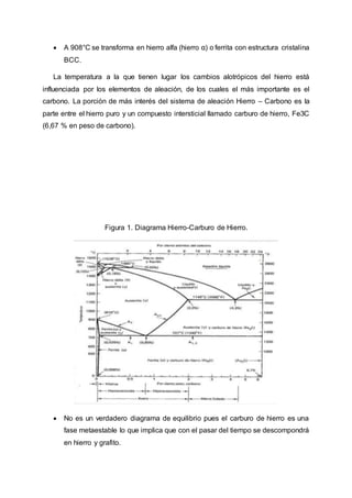  A 908°C se transforma en hierro alfa (hierro α) o ferrita con estructura cristalina
BCC.
La temperatura a la que tienen lugar los cambios alotrópicos del hierro está
influenciada por los elementos de aleación, de los cuales el más importante es el
carbono. La porción de más interés del sistema de aleación Hierro – Carbono es la
parte entre el hierro puro y un compuesto intersticial llamado carburo de hierro, Fe3C
(6,67 % en peso de carbono).
Figura 1. Diagrama Hierro-Carburo de Hierro.
 No es un verdadero diagrama de equilibrio pues el carburo de hierro es una
fase metaestable lo que implica que con el pasar del tiempo se descompondrá
en hierro y grafito.
 