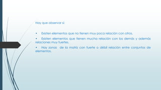 Hay que observar si:
• Existen elementos que no tienen muy poca relación con otros.
• Existen elementos que tienen mucha relación con los demás y además
relaciones muy fuertes.
• Hay zonas de la matriz con fuerte o débil relación entre conjuntos de
elementos.
 