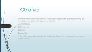 Objetivo
Determinar el factor que influye con mayor impacto en el padecimiento de
obesidad, con base a los siguientes criterios:
Alimentación,
Enfermedad,
Ejercicio
Economía.
Y con ello desarrollar planes de mejora en base a los resultados que arroja
cada matriz.
 