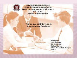 UNIVERSIDAD FERMÍN TORO
VICERRECTORADO ACADÉMICO
FACULTAD DE CIENCIAS JURÍDICAS Y
POLÍTICAS
ESCUELA DE DERECHO
Participante
Enza Almanzar
C.I. 17.504.554
Medios Alternos
Tutor: Dra. Lisbeth Campins
SAIA C
Teorías que contribuyen a la
Resolución de Conflictos
 